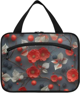 3d Hemlock Ruby Floral Red Gray hanging travel toiletry bag hanging with hook, designer collapsible for women traveling bolso viajero para mujer L