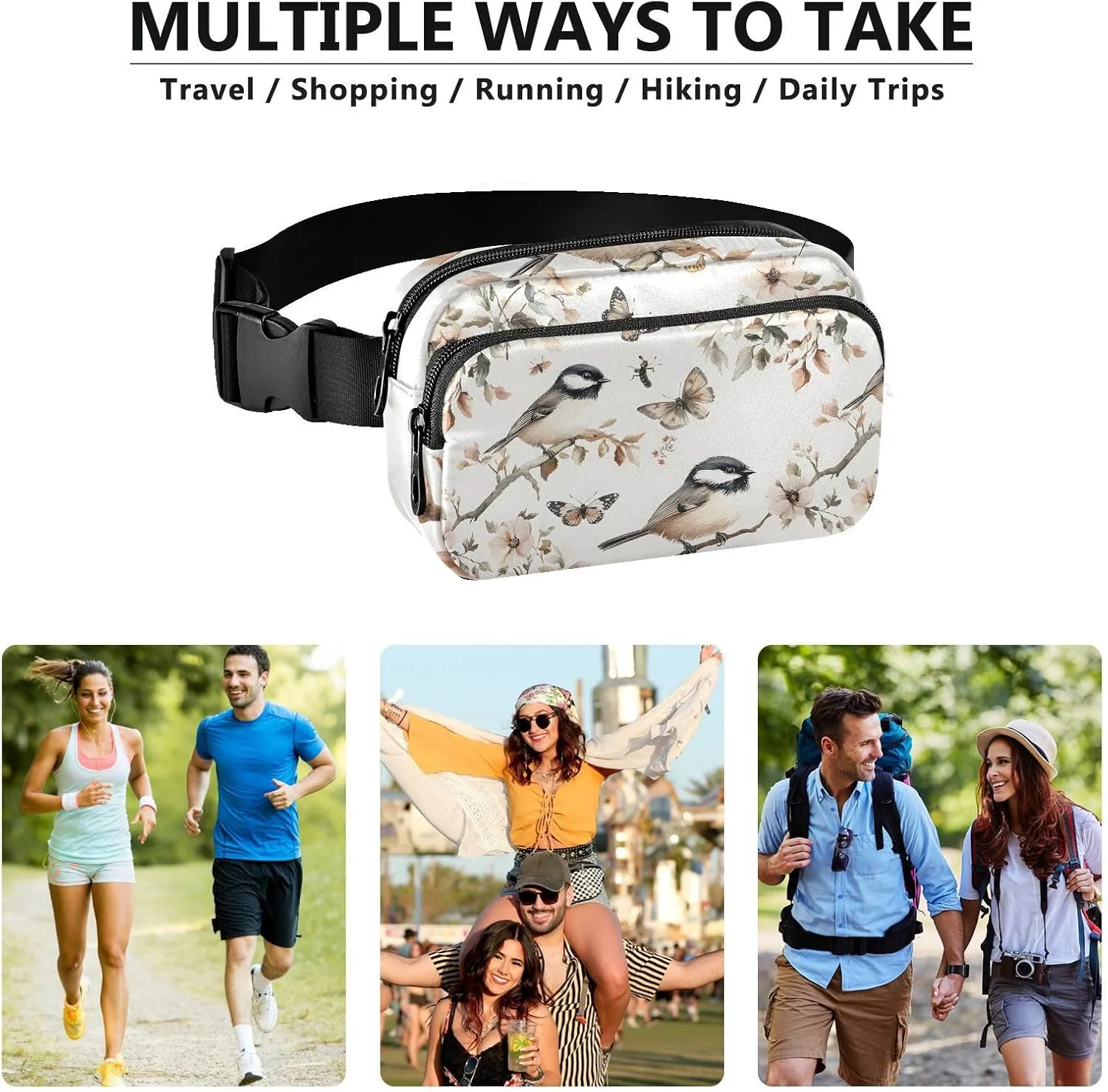 Aesthetic Black - Capped Chickadee Birds Stylish Fanny Pack Waist Bag for Women Men Teens Multipurpose Running Belt Bag Waist Pack with Adjustable Strap for Travel Shopping Running