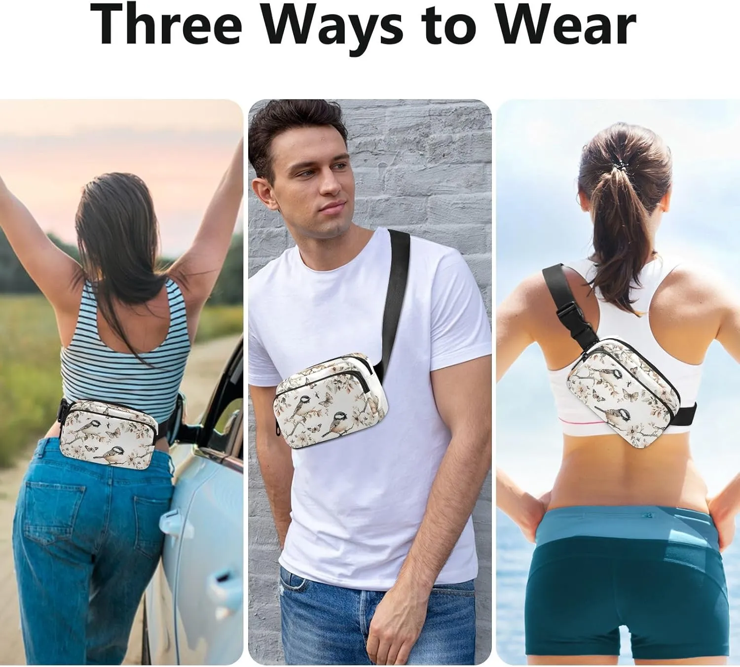 Aesthetic Black - Capped Chickadee Birds Stylish Fanny Pack Waist Bag for Women Men Teens Multipurpose Running Belt Bag Waist Pack with Adjustable Strap for Travel Shopping Running