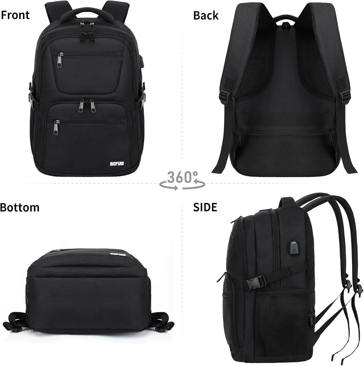 Black Backpack for Men Women, School Backpack for Boys Girls Teens, Book bag with USB Charging Port, Bookbag Fits15.6 Inch Laptop with USB Charging Port,Work Business Mochila para hombre