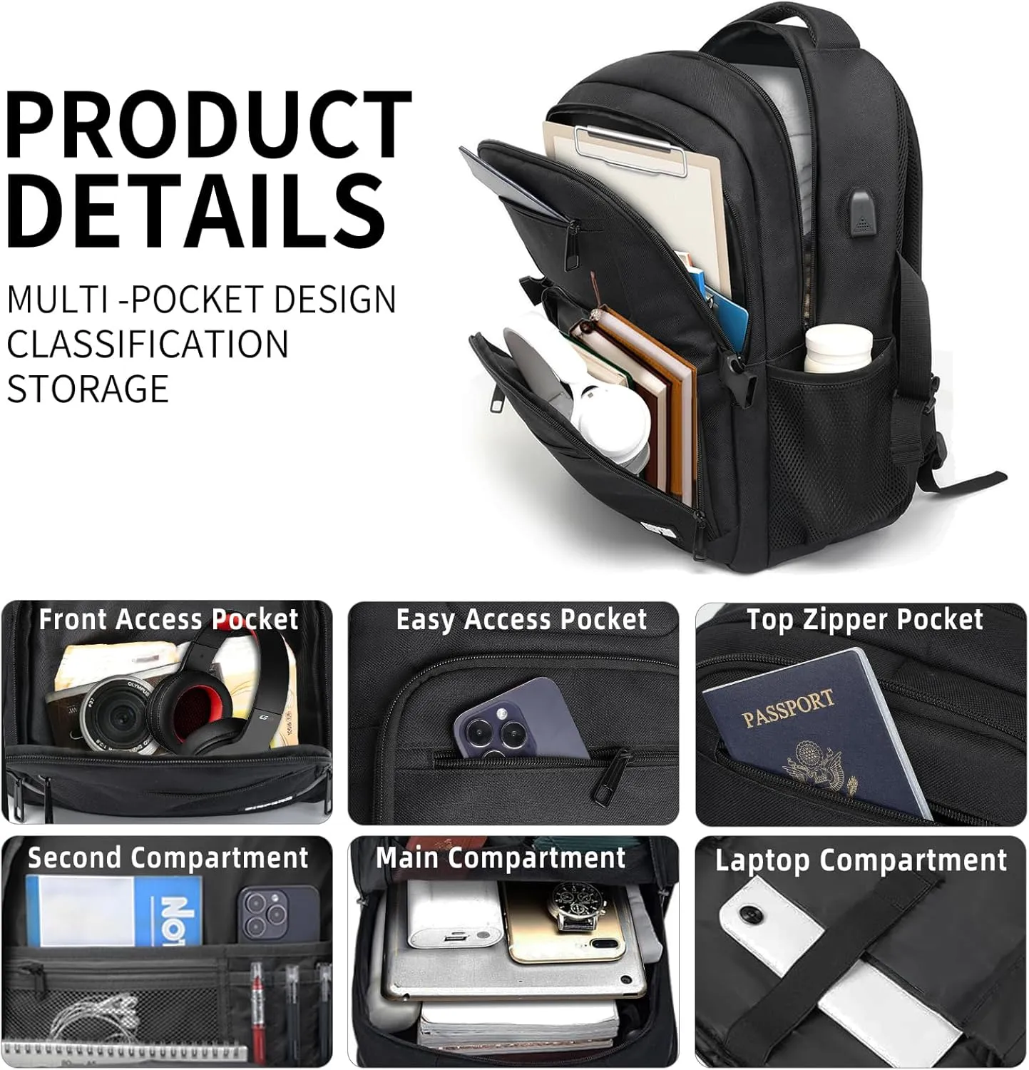 Black Backpack for Men Women, School Backpack for Boys Girls Teens, Book bag with USB Charging Port, Bookbag Fits15.6 Inch Laptop with USB Charging Port,Work Business Mochila para hombre