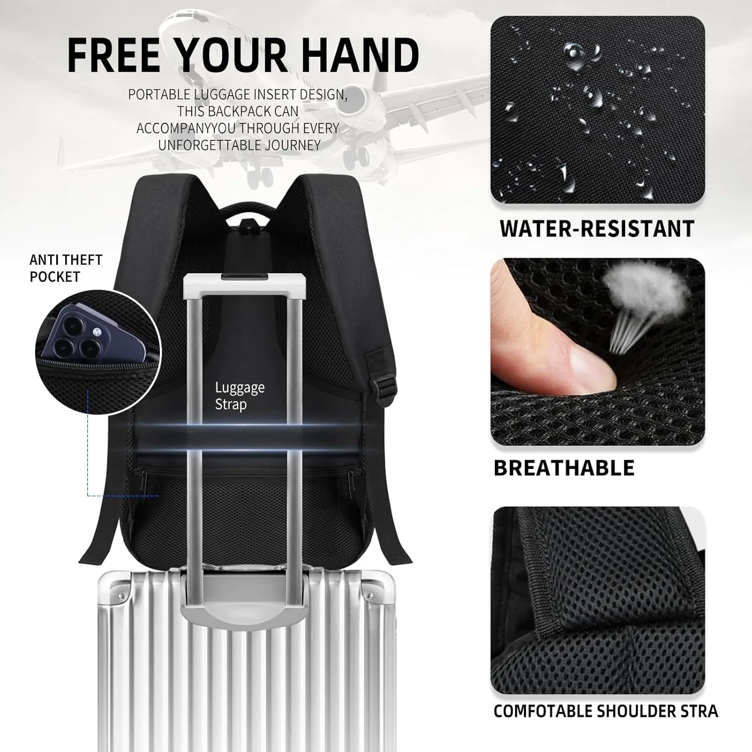 Black Backpack for Men Women, School Backpack for Boys Girls Teens, Book bag with USB Charging Port, Bookbag Fits15.6 Inch Laptop with USB Charging Port,Work Business Mochila para hombre