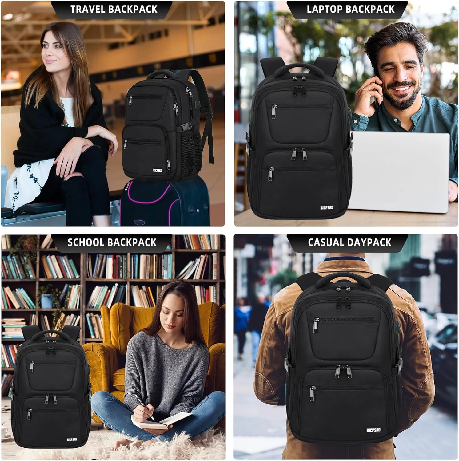 Black Backpack for Men Women, School Backpack for Boys Girls Teens, Book bag with USB Charging Port, Bookbag Fits15.6 Inch Laptop with USB Charging Port,Work Business Mochila para hombre