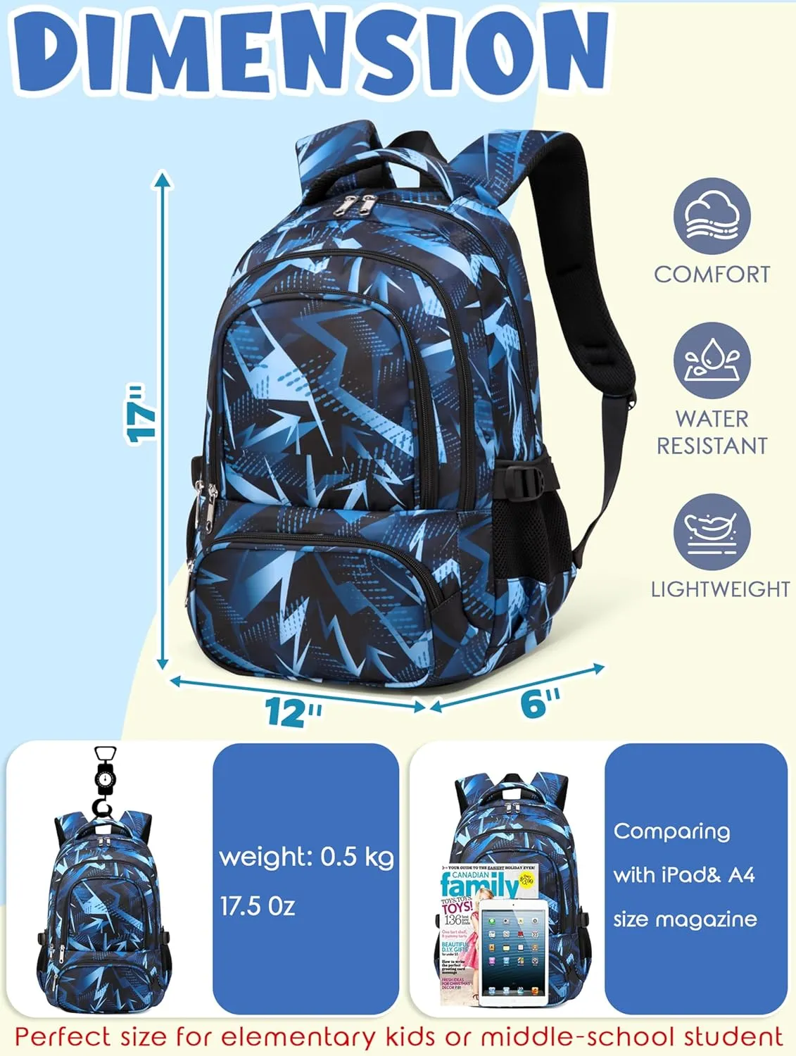 BLUEFAIRY Kids Backpack for Boys Elementary Primary Middle School Bags for Child Bookbags Back to School Gifts with Tablet Sleeve Large Compartment Mochila Para Nios Age 6-10 Aegean Blue
