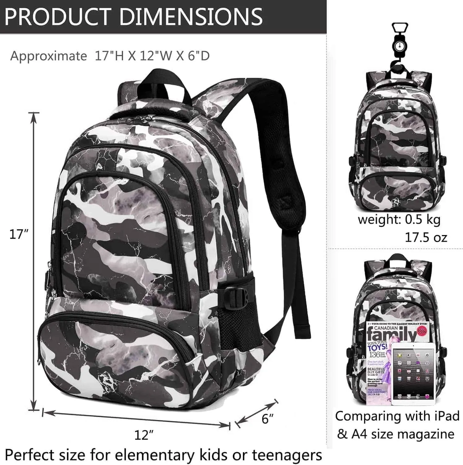 BLUEFAIRY Kids Backpack for Boys Elementary School Bags Primary Middle School Bookbags for Teens Back to School Gifts for Childs Mochila Escolares para Nios 17 Inch Aged 6-8 Camo Grey