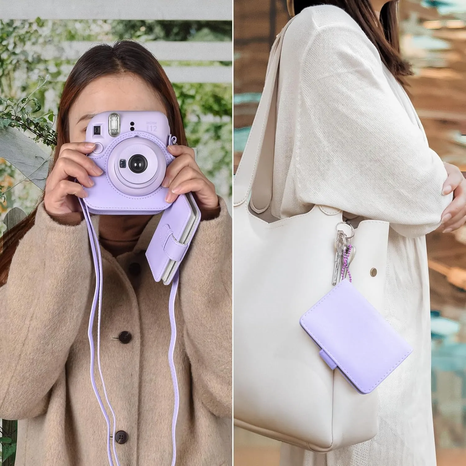 Camera Protective Case and Album Compatible with Fujifilm Instax Mini 12 - Polaroid Instax 12 Mini Carry Bag with Shoulder Strap and Photo Album - Lilac Purple