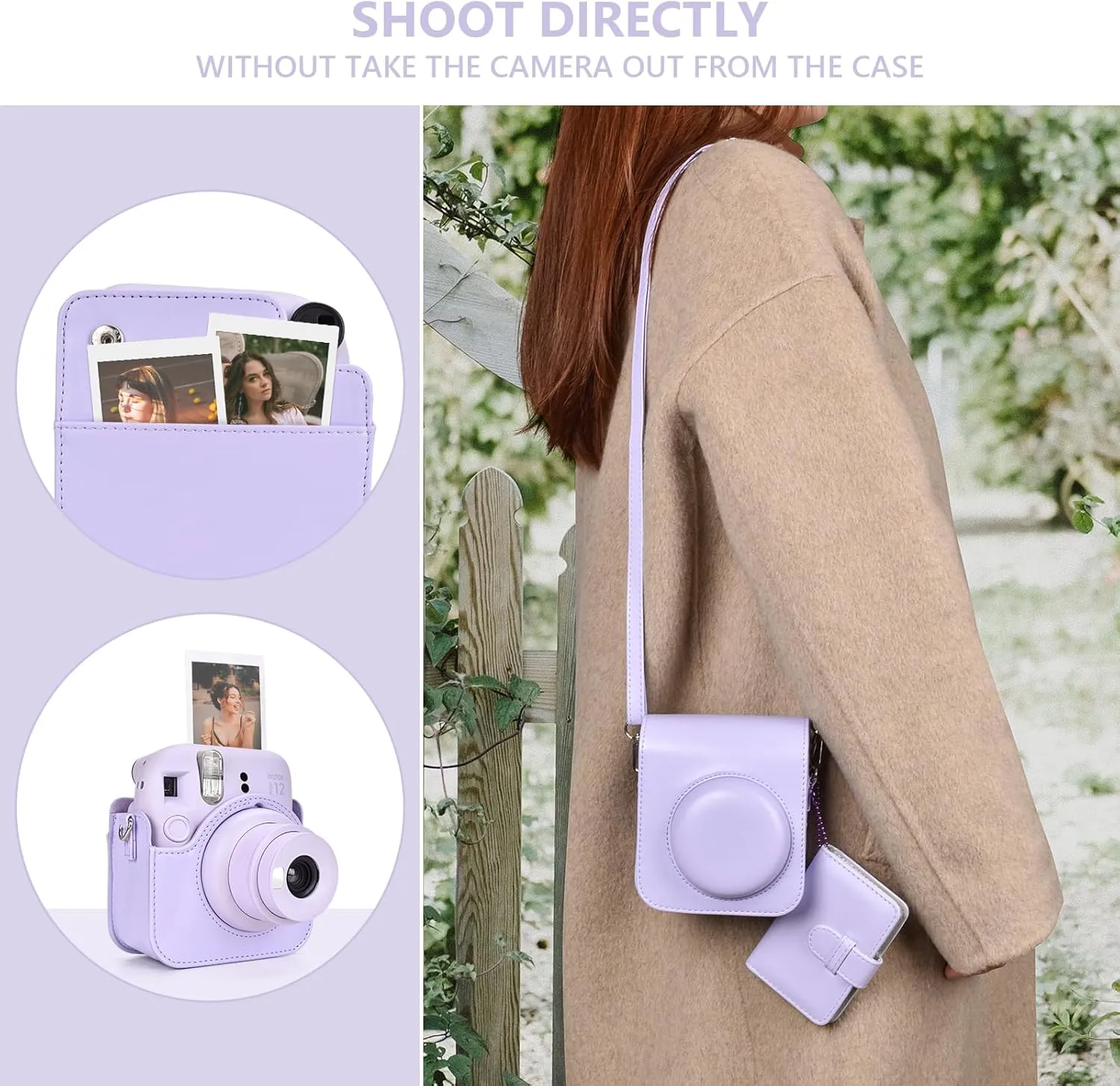Camera Protective Case and Album Compatible with Fujifilm Instax Mini 12 - Polaroid Instax 12 Mini Carry Bag with Shoulder Strap and Photo Album - Lilac Purple