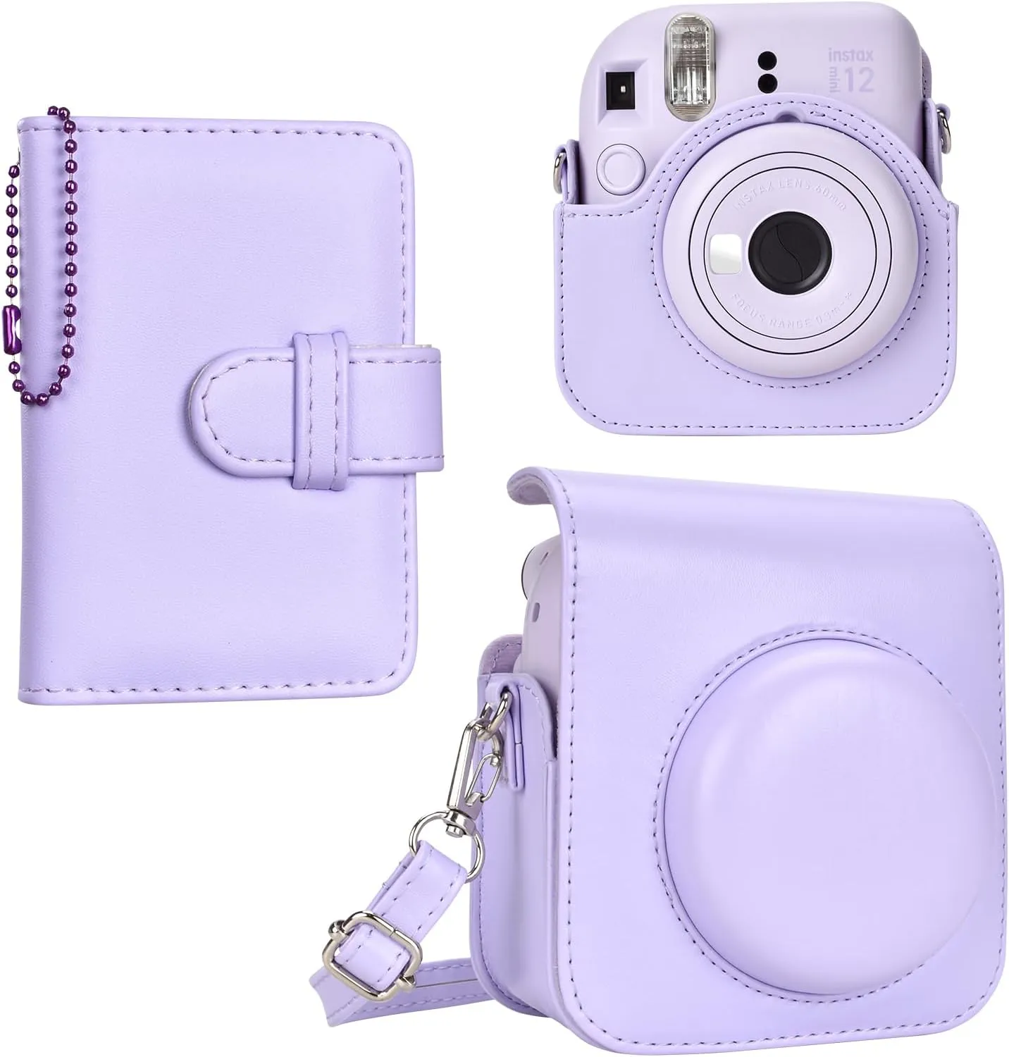 Camera Protective Case and Album Compatible with Fujifilm Instax Mini 12 - Polaroid Instax 12 Mini Carry Bag with Shoulder Strap and Photo Album - Lilac Purple