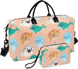 Cartoon Seal Animal Peach Sports Gym Bag for Women Men Travel Duffel Bag Weekend Overnight Carry on Bag with Toiletry Bag Air Travel Bag for Swimming Yoga Workout Plane Hospital