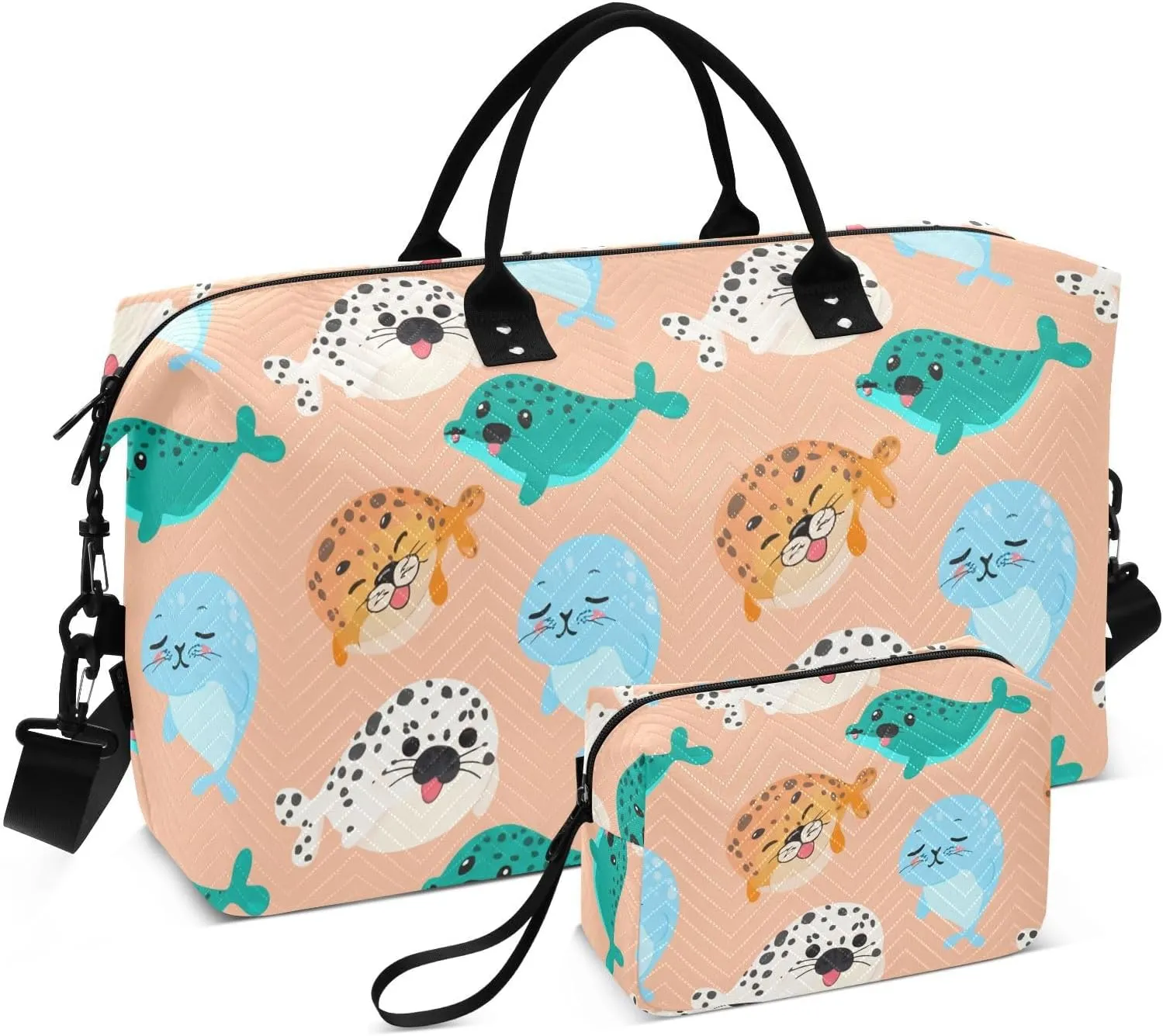 Cartoon Seal Animal Peach Sports Gym Bag for Women Men Travel Duffel Bag Weekend Overnight Carry on Bag with Toiletry Bag Air Travel Bag for Swimming Yoga Workout Plane Hospital