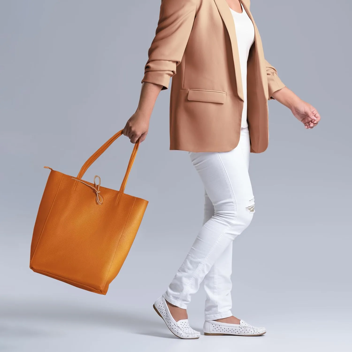 Italian Calf Leather Tote for Women with Zipper, Inner Pocket & Flat Base | Soft Unlined Shopper for Work & Travel