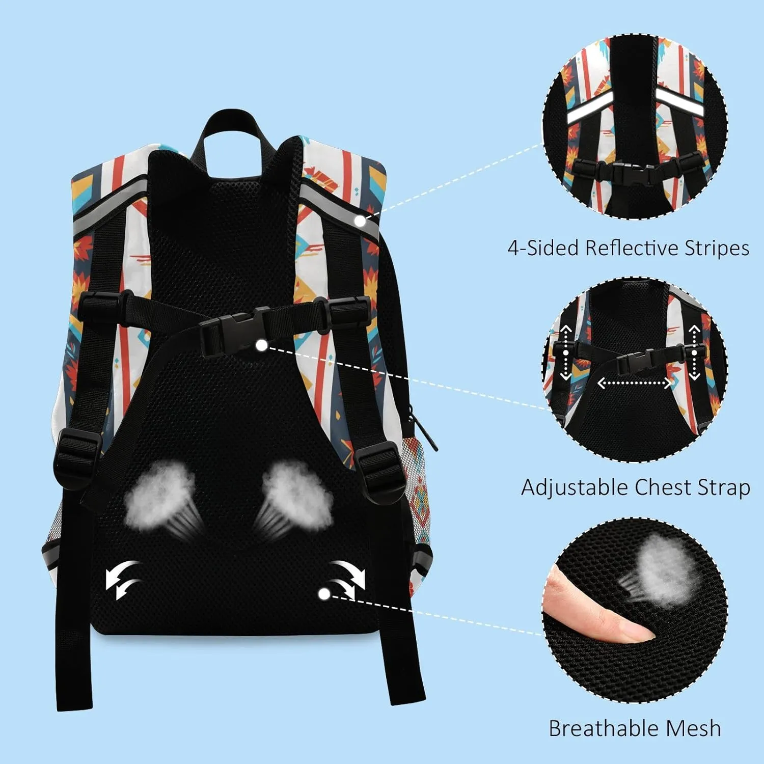 KLL Mexican Fabric Pattern Colorful Baby Children Preschool Backpack Multifunctional Mini Bookbag with Reflective Strips