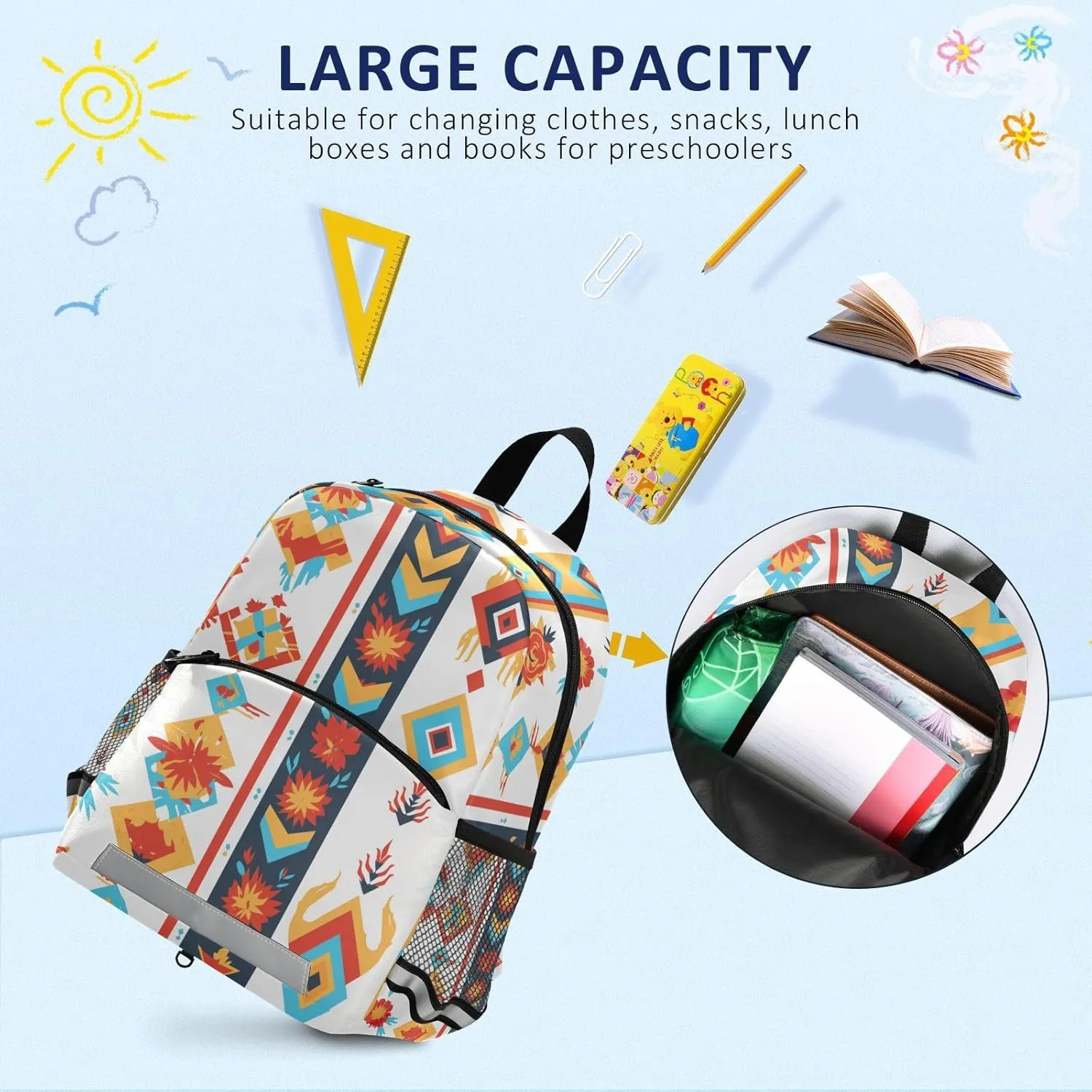 KLL Mexican Fabric Pattern Colorful Baby Children Preschool Backpack Multifunctional Mini Bookbag with Reflective Strips