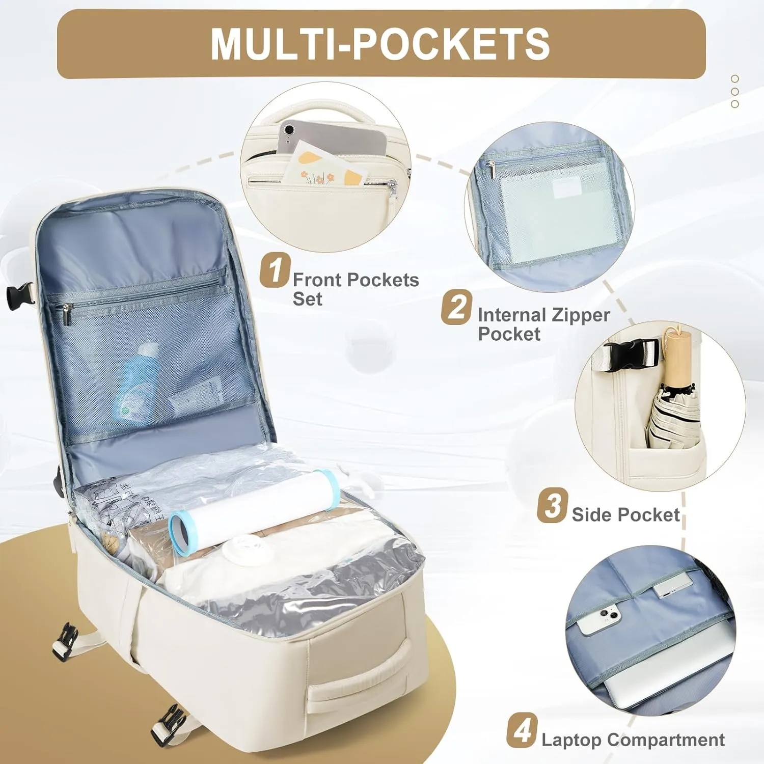 Large Vacuum Backpack for Travel with Hand Pump, Carry on Backpack with Detachable Compression Bag for Women Men, Luggage Backpacks for Flight Approved, mochila de viaje compresion al vacio - Beige