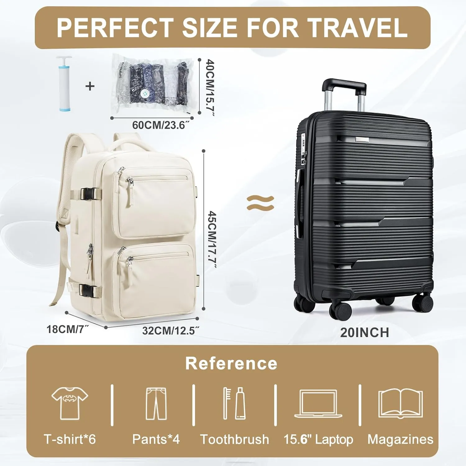 Large Vacuum Backpack for Travel with Hand Pump, Carry on Backpack with Detachable Compression Bag for Women Men, Luggage Backpacks for Flight Approved, mochila de viaje compresion al vacio - Beige