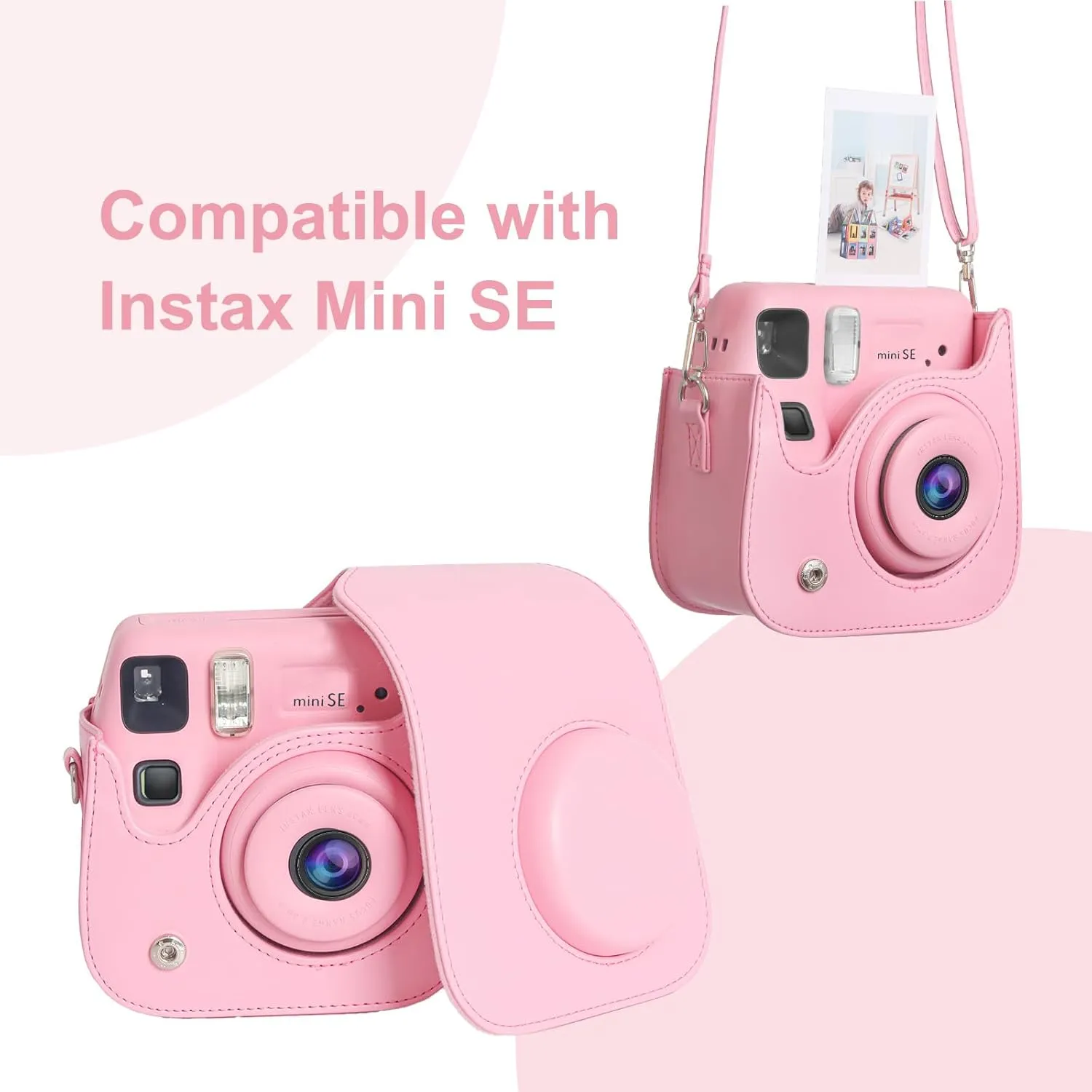 MOSISO Camera Protective Case Compatible with Instax Mini SE, PU Leather Instant Camera Carrying Storage Bag with Adjustable Shoulder Strap&Pocket for Instax Mini SE Film, Pink