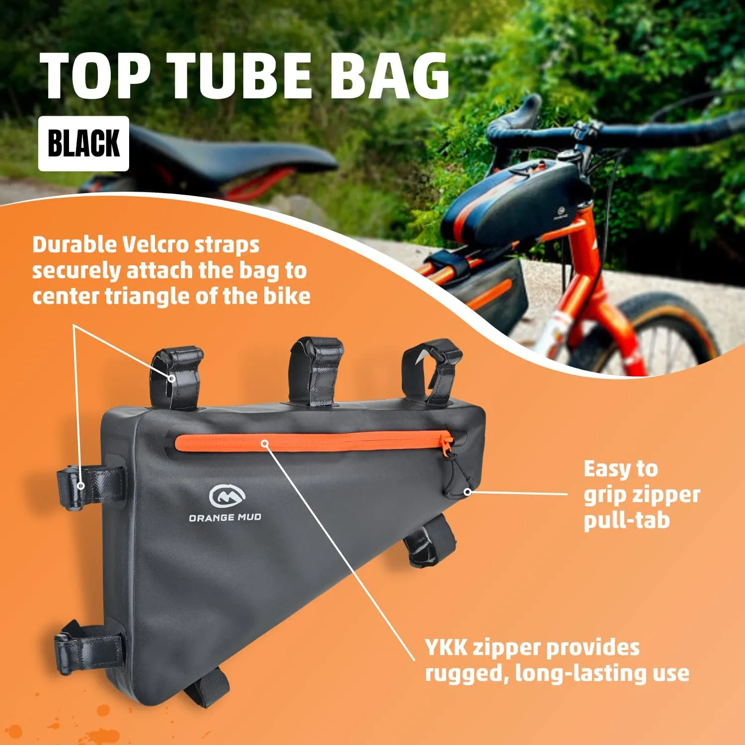 Orange Mud Waterproof Bike Frame Bag  Welded TPU Triangle Bag for Front or Rear Frame Mounting  Durable YKK Zippers, Secure Storage for Gear, Snacks, Tools, Phone  Black, 14"x9.5"