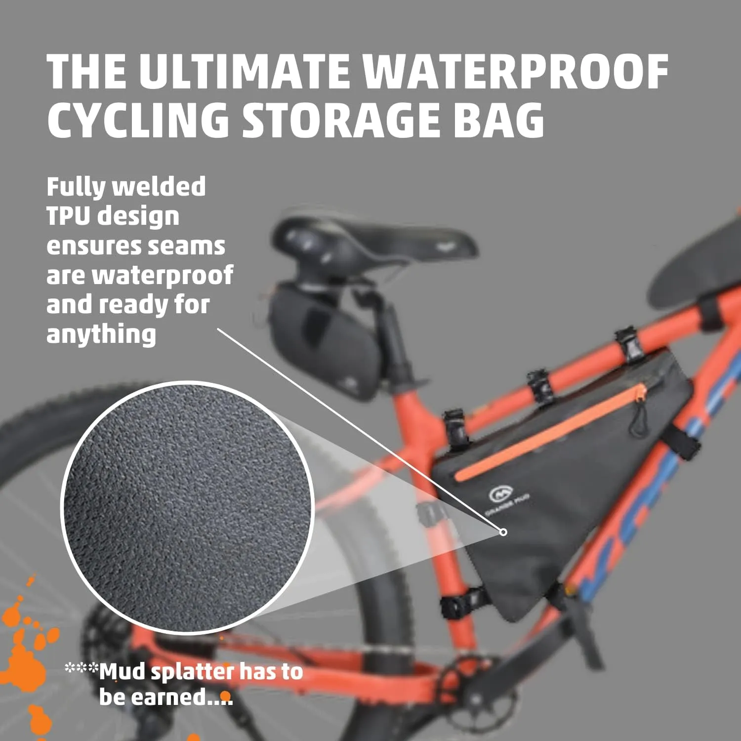 Orange Mud Waterproof Bike Frame Bag  Welded TPU Triangle Bag for Front or Rear Frame Mounting  Durable YKK Zippers, Secure Storage for Gear, Snacks, Tools, Phone  Black, 14"x9.5"