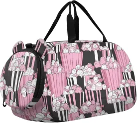 Peach Black Cartoon Cute Popcorn Duffel Bag with Shoes Compartment Lightweight Weekend Travel Bag for Travel, Sports, Duffel, Weekender bolso para gym mujer