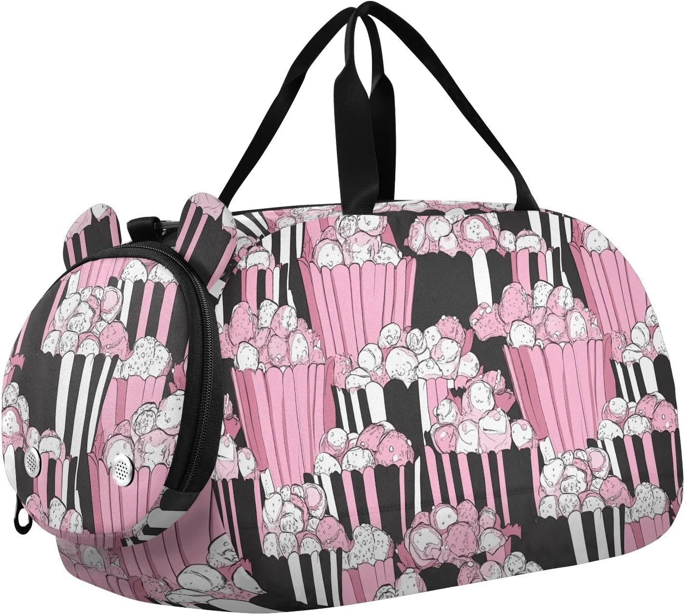 Peach Black Cartoon Cute Popcorn Duffel Bag with Shoes Compartment Lightweight Weekend Travel Bag for Travel, Sports, Duffel, Weekender bolso para gym mujer