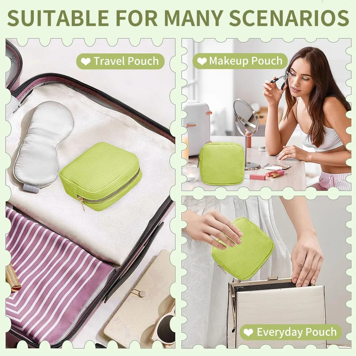 Small Makeup Bag for Purse Corduroy Mini Cosmetics Bag Cute Cosmetic Pouch for Women,Green