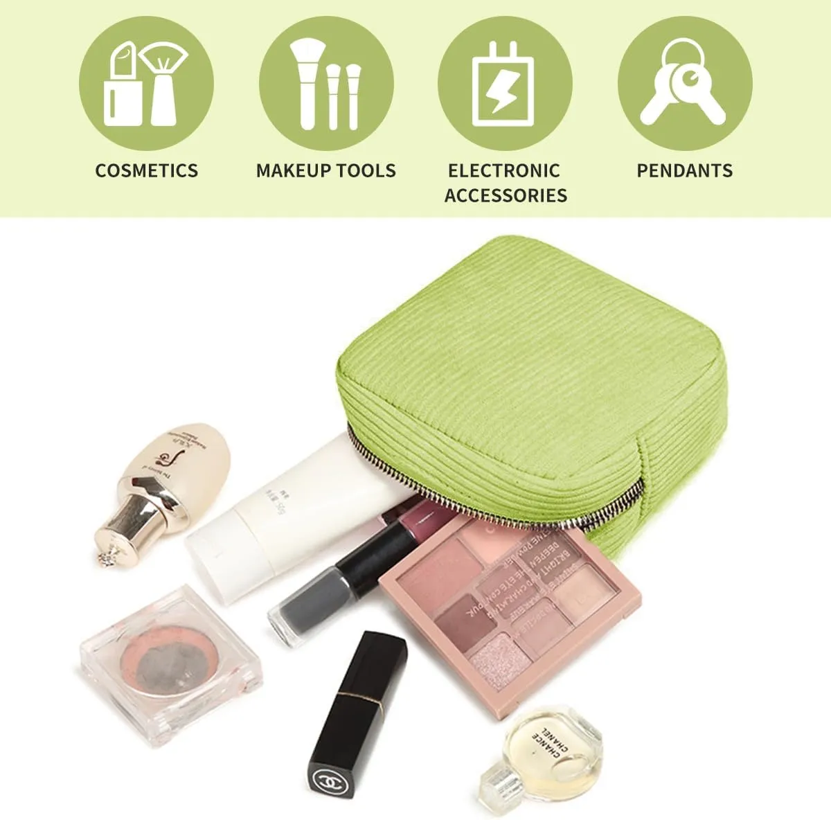 Small Makeup Bag for Purse Corduroy Mini Cosmetics Bag Cute Cosmetic Pouch for Women,Green
