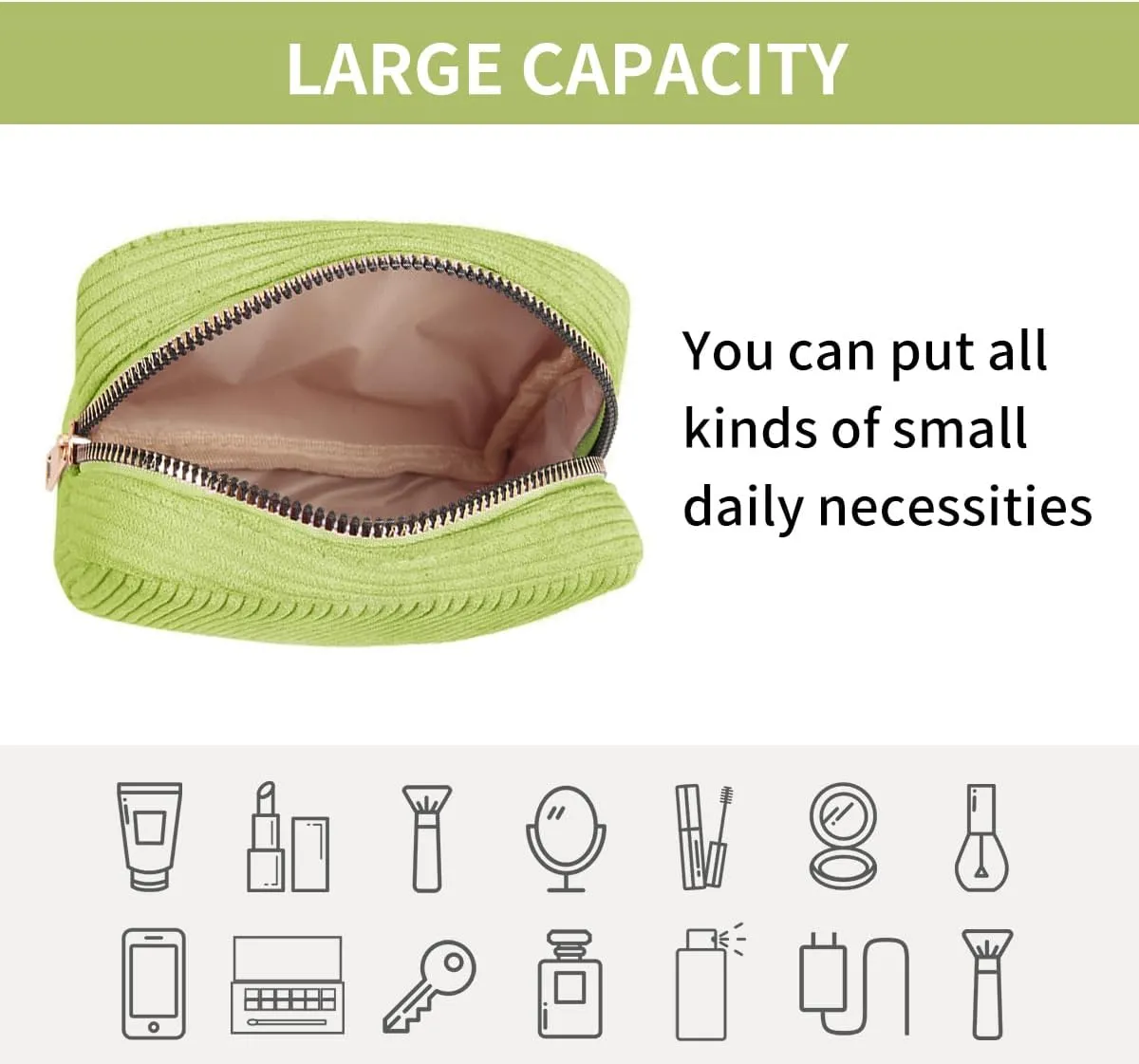 Small Makeup Bag for Purse Corduroy Mini Cosmetics Bag Cute Cosmetic Pouch for Women,Green