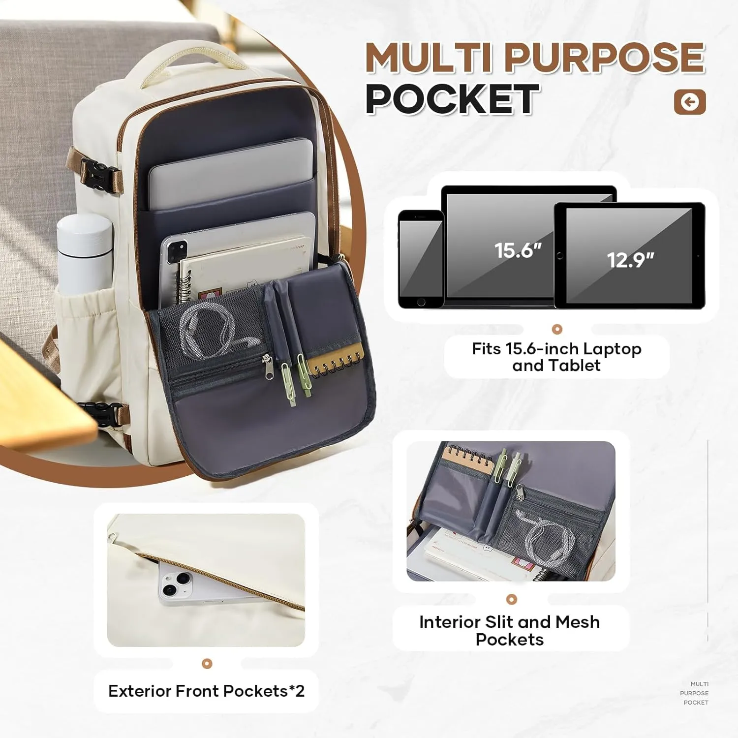 Travel Backpack For Women Men Carry on Backpack Luggage Flight Approved Personal item Travel Bag Essentials Mochila de viaje Laptop College Backpack Beige Brown