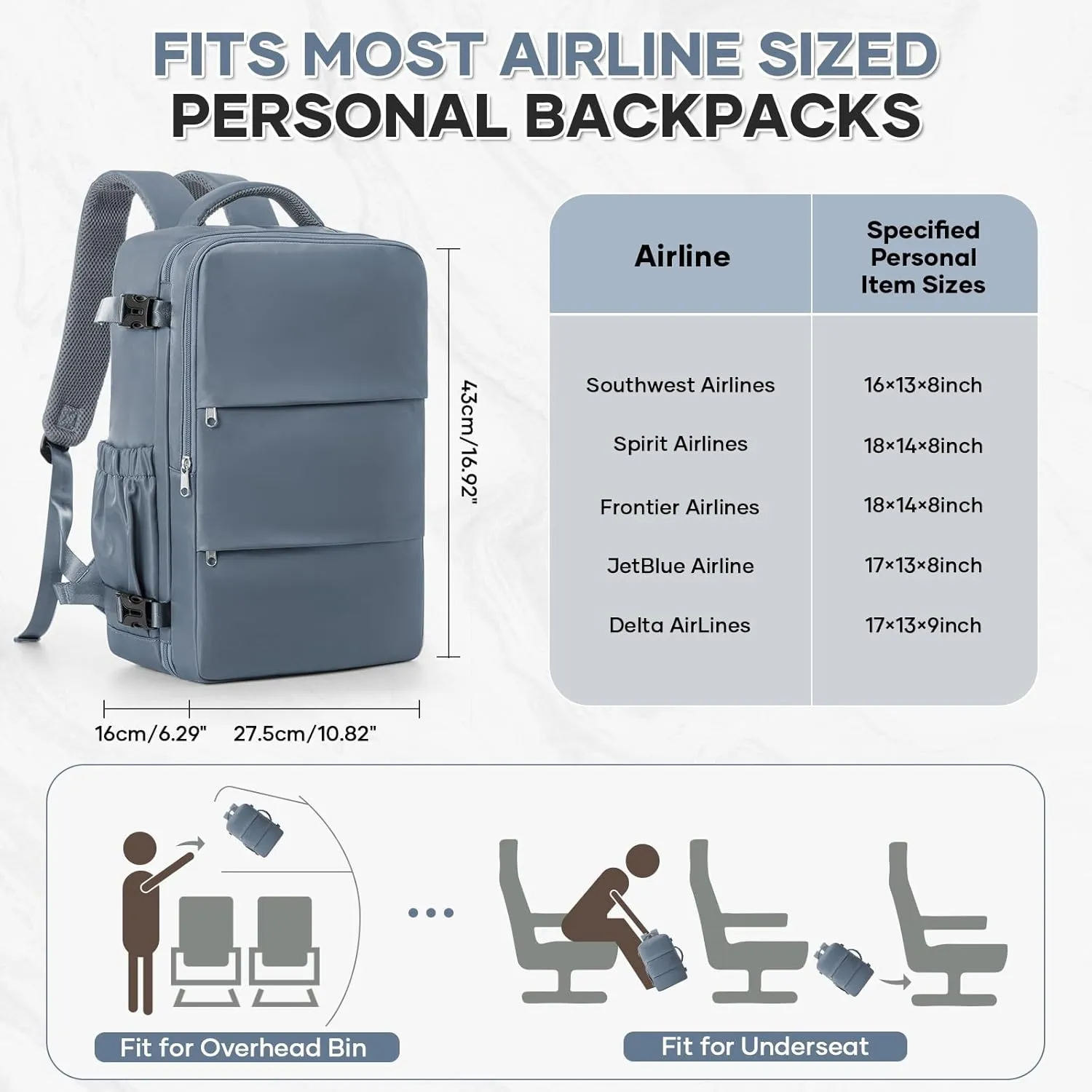 Travel Backpack For Women Men Carry on Backpack Luggage Flight Approved Personal item Travel Bag Essentials Mochila de viaje Laptop College Backpack Grey Blue