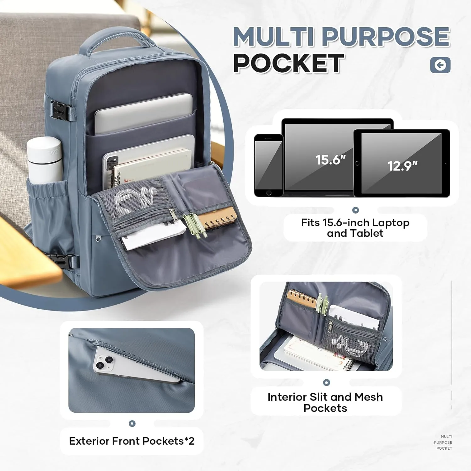 Travel Backpack For Women Men Carry on Backpack Luggage Flight Approved Personal item Travel Bag Essentials Mochila de viaje Laptop College Backpack Grey Blue