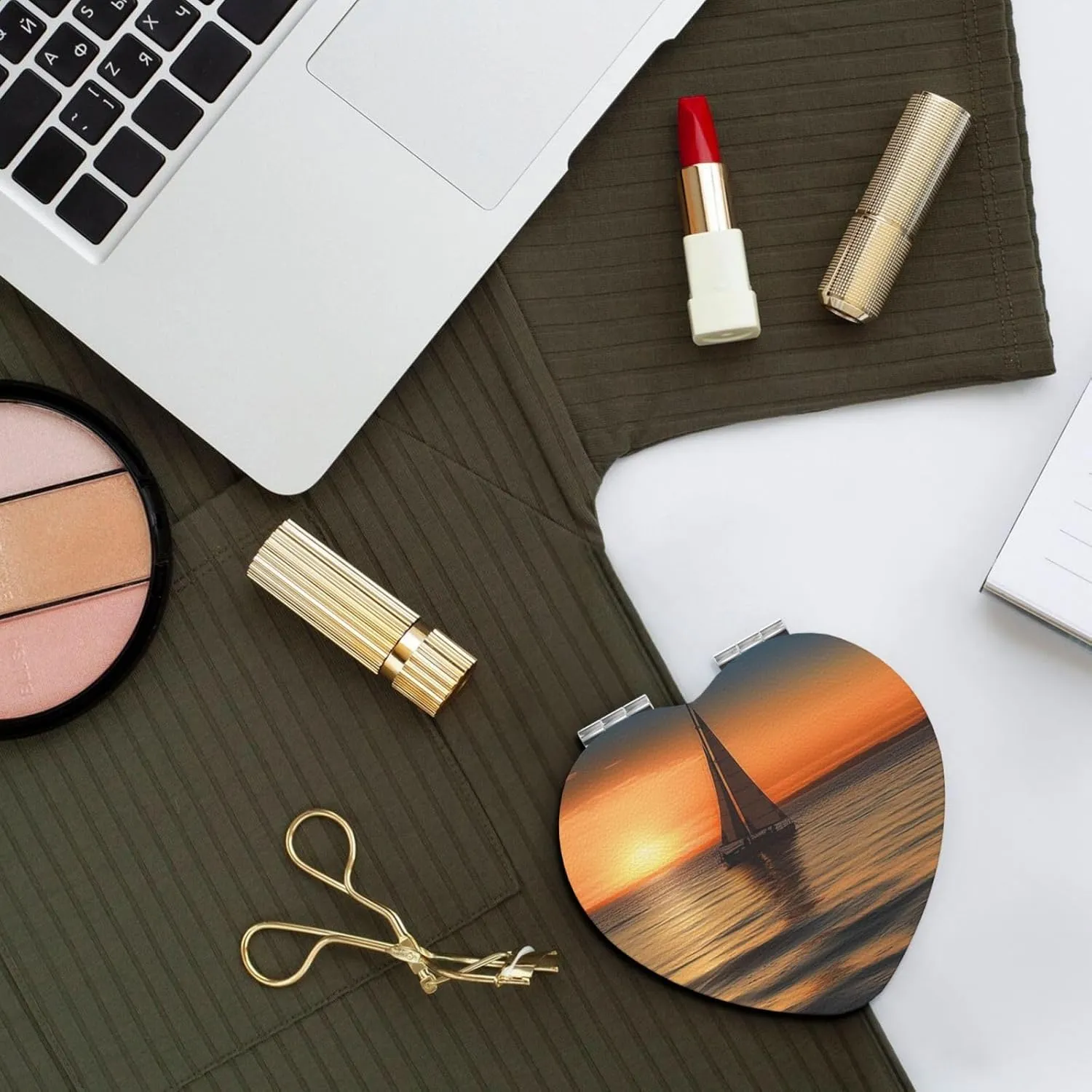 Travel Makeup Mirror for Women Double-Sided 1X/2X Magnifying Foldable Cosmetic Mirror Portable Pocket Mirror Sunset Beach Sailboat Vanity Mirror Compact Beauty Mirror for Pocket Purse Clutch