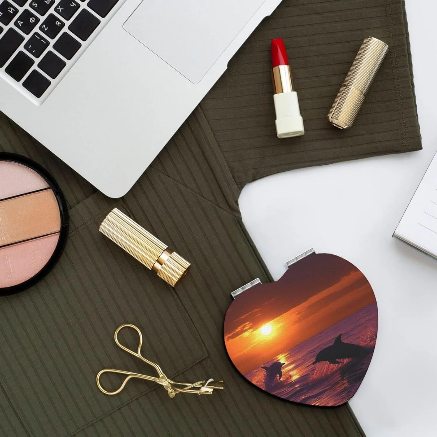 Travel Makeup Mirror for Women Double-Sided 1X/2X Magnifying Foldable Cosmetic Mirror Portable Pocket Mirror Sunset Dolphins Vanity Mirror Compact Beauty Mirror for Pocket Purse Clutch
