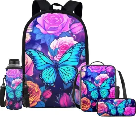 Upetstory Butterfly Backpack School Bag with Lunch Bag for Girls Kids School Backpack Pencil Case Water Bottle Sleeve Elementary Preschool Primary Bookbag Schoolbag Rucksack 4 in 1