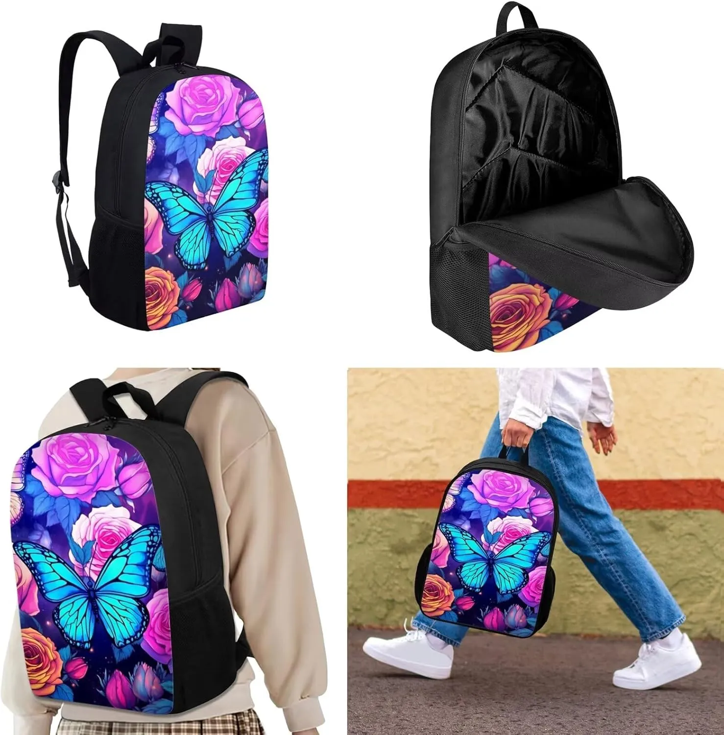 Upetstory Butterfly Backpack School Bag with Lunch Bag for Girls Kids School Backpack Pencil Case Water Bottle Sleeve Elementary Preschool Primary Bookbag Schoolbag Rucksack 4 in 1