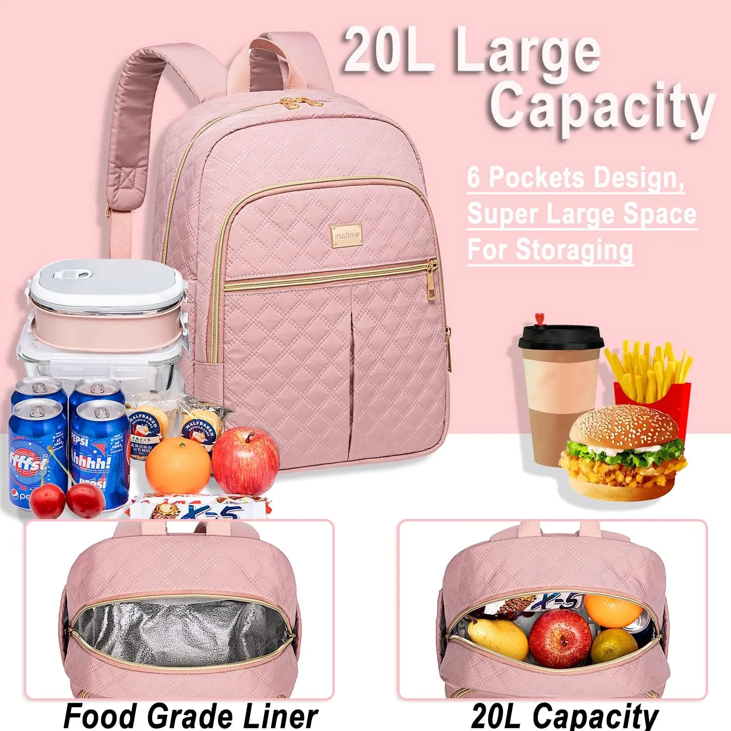 Weitars Lunch Backpack For Women Men,20L Cooler Backpack Insulated Lunch Bag For Women With Side Pockets Waterproof,Meal Prep Backpack,Adult Backpack Cooler For Lunch Picnic Hiking Camping Beach