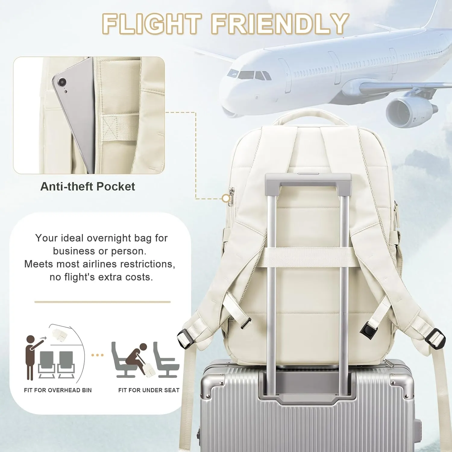 wepadre Beige Travel Backpack Carry On Flight Approved Travel Backpack For Men Women Carry On Backpack For Airplanes Personal Item Travel Bag 18x14x8 Inches Mochila De Viaje Travel Bag