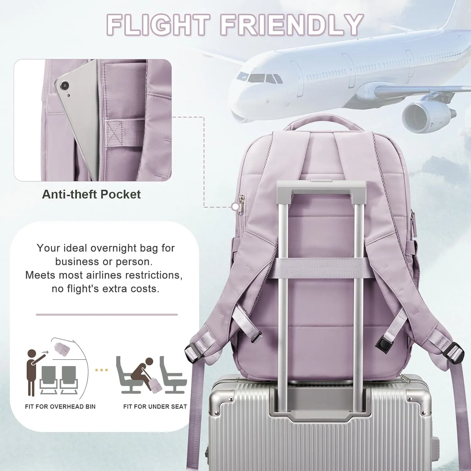 wepadre Travel Backpack Carry On Flight Approved Travel Backpack For Women Men Carry On Backpack For Airplanes Personal Item Travel Bag 18x14x8 Inches Mochila De Viaje Travel Bag Purple