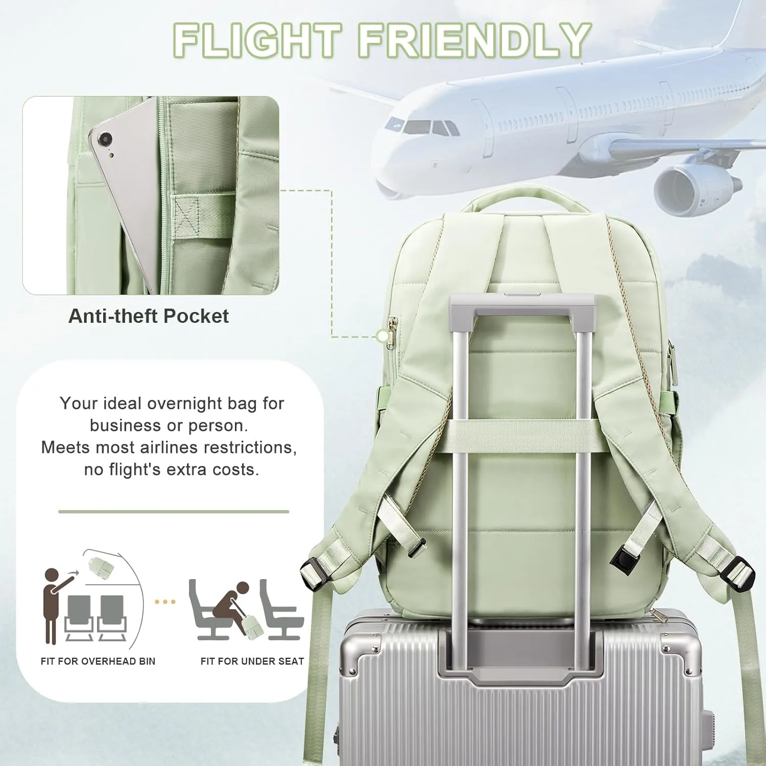 wepadre Travel Backpack For Women Men Travel Backpack Carry On Flight Approved Carry On Backpack For Airplanes Personal Item Travel Bag 18x14x8 Inches Mochila De Viaje Travel Bag Green