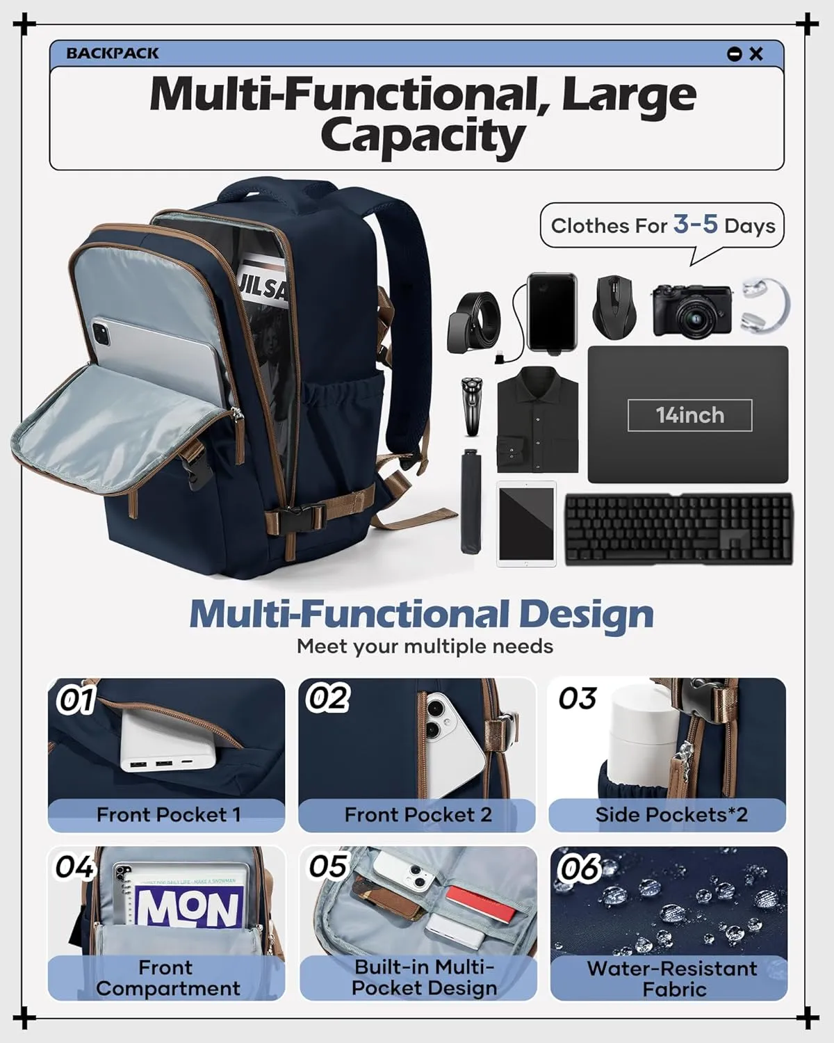 winspansy Carry on Travel Backpack for Women Men Lightweight Business Gym Laptop Work Backpack Airport Frontier Airlines Personal Item Bag Flight Approved Mochilas de Viaje Navy Blue with Brown