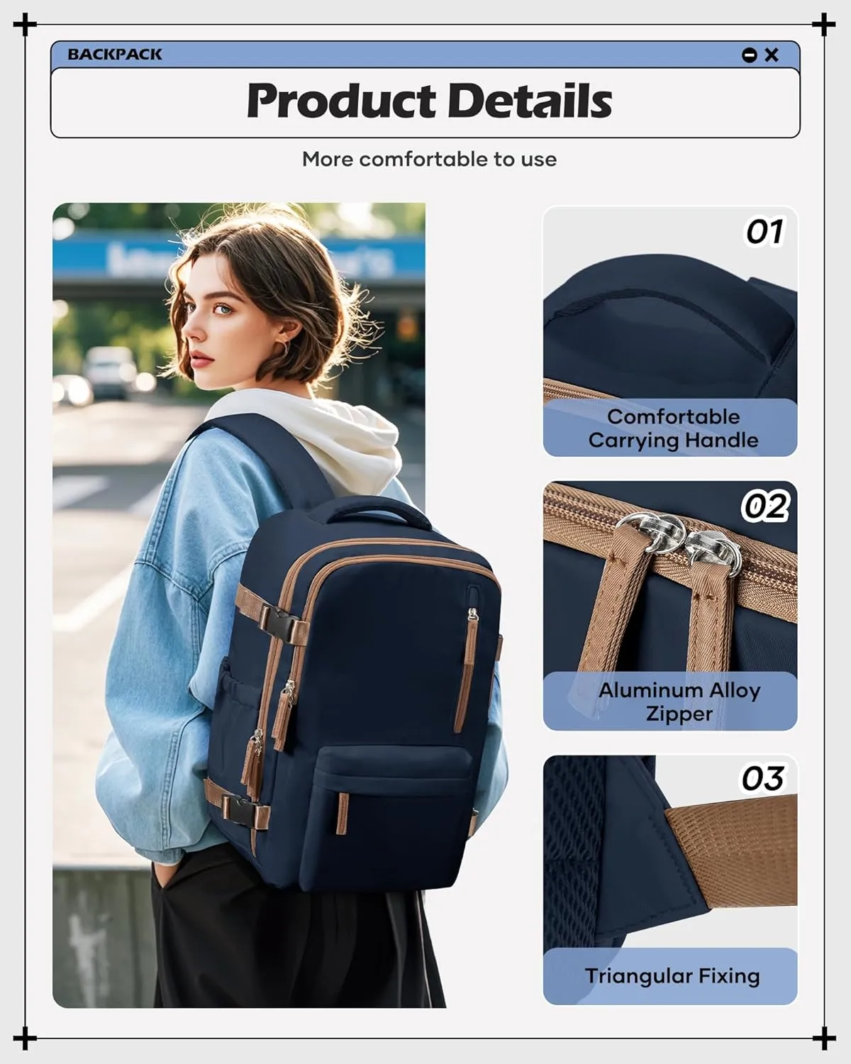 winspansy Carry on Travel Backpack for Women Men Lightweight Business Gym Laptop Work Backpack Airport Frontier Airlines Personal Item Bag Flight Approved Mochilas de Viaje Navy Blue with Brown