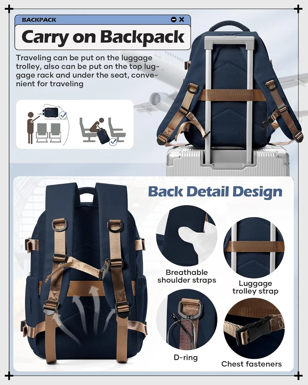 winspansy Carry on Travel Backpack for Women Men Lightweight Business Gym Laptop Work Backpack Airport Frontier Airlines Personal Item Bag Flight Approved Mochilas de Viaje Navy Blue with Brown