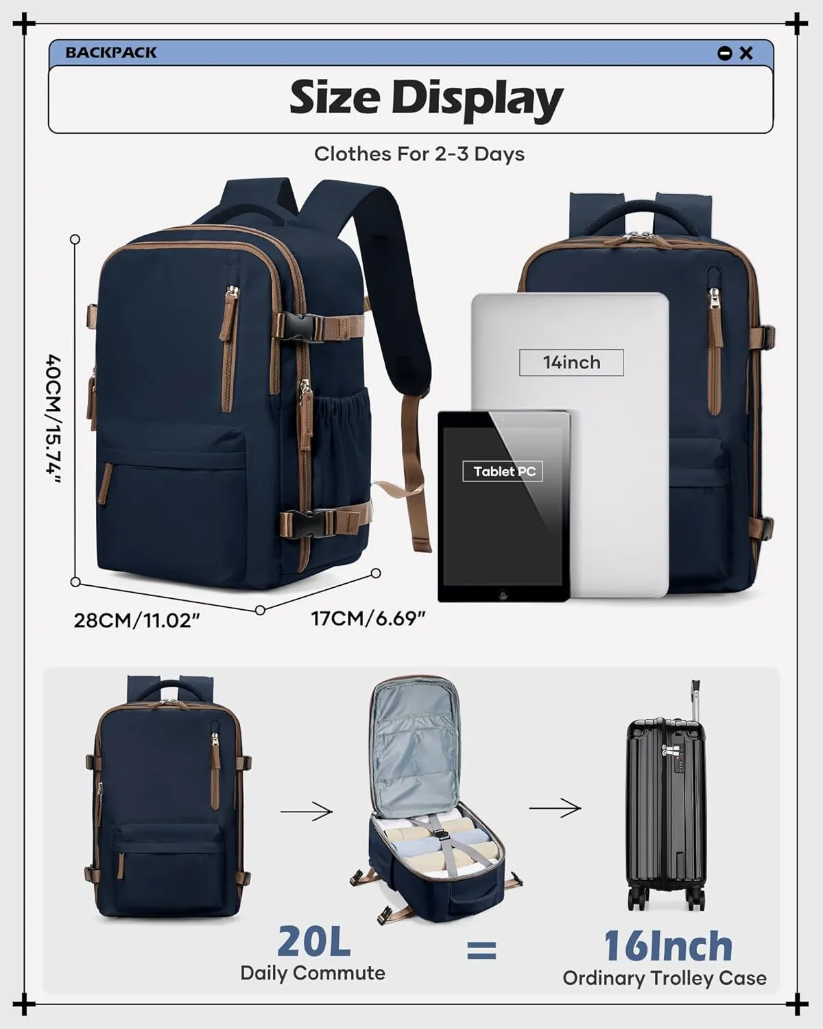 winspansy Carry on Travel Backpack for Women Men Lightweight Business Gym Laptop Work Backpack Airport Frontier Airlines Personal Item Bag Flight Approved Mochilas de Viaje Navy Blue with Brown