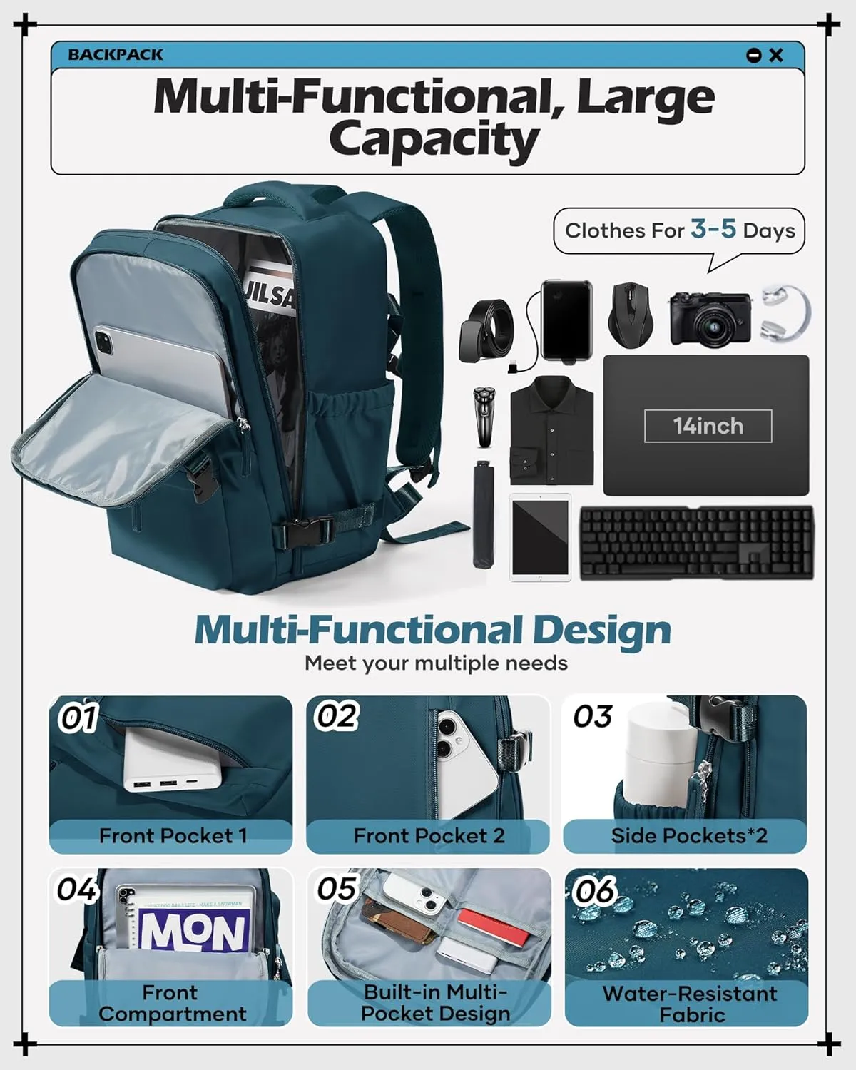 winspansy Carry on Travel Backpack for Women Men Lightweight Business Gym Laptop Work Backpack Airport Frontier Airlines Personal Item Bag Flight Approved Mochilas de Viaje Peacock Blue